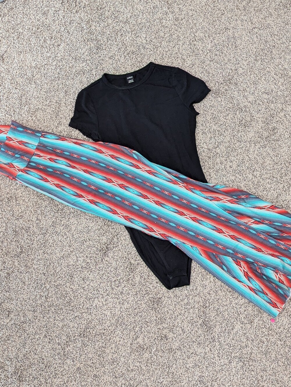 Shein Black Bodysuit Size Petite XS & Crazy Train Southwest Print Flare Pants -S
